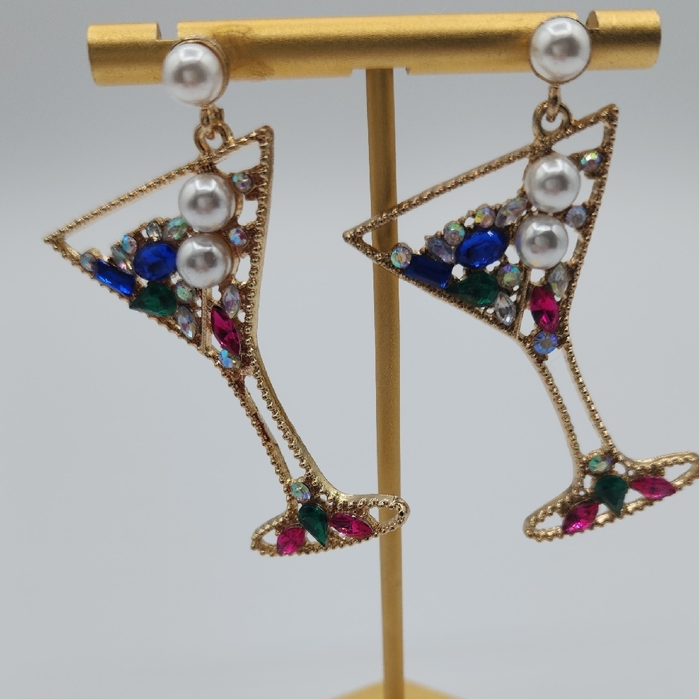 Gold Martini Earrings with Pearl Bubblies And Colorful Gems - Picture 3 of 8